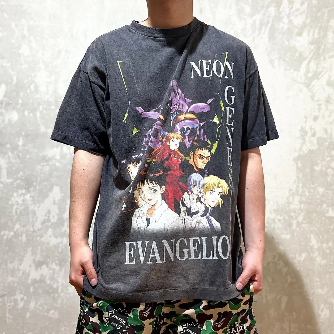 SAINT Mxxxxxx × EVANGELION NEON GNSIS TEE/BLK co-branded Neon Genesis Evangelion distressed short-sleeves, washed black S-XL, vintage NEW VINTAGE, top printing technology, garment dyeing, re-washed, distressed, correct co-branded main mark/washing mark